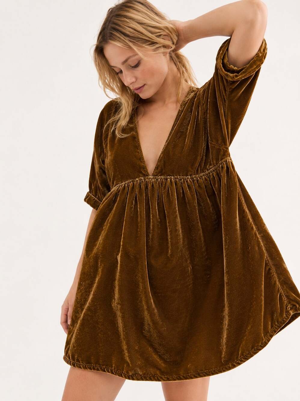 Free People Ivy Velvet Babydoll Dress in Cognac Size Small